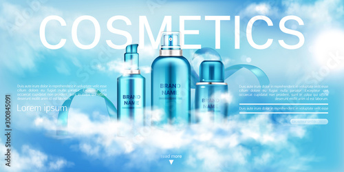 Cosmetics bottles, beauty product line landing page banner mock up, spray and pump tubes on blue cloudy sky background. Moisturize cosmetic advertising promo template. Realistic 3d vector illustration
