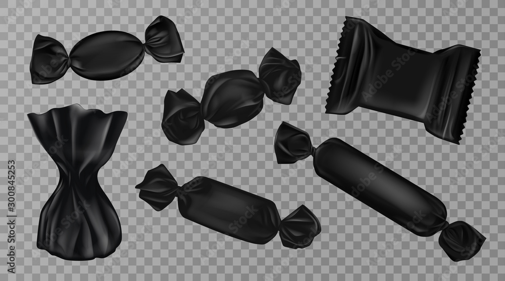 Black candy wrappers set isolated on transparent background. Blank