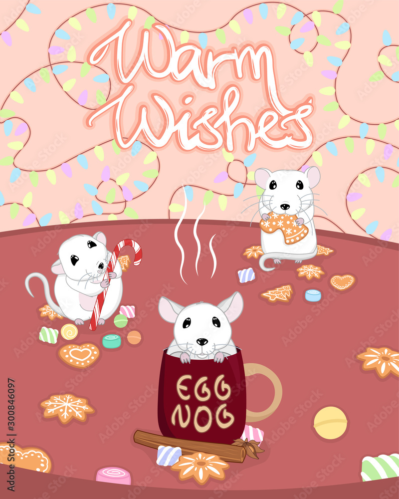 christmas and new year greeting card with cute little white rats or mouse, chinese zodiac animal, lettering sign warm wishes, editable vector illustration for winter holidays