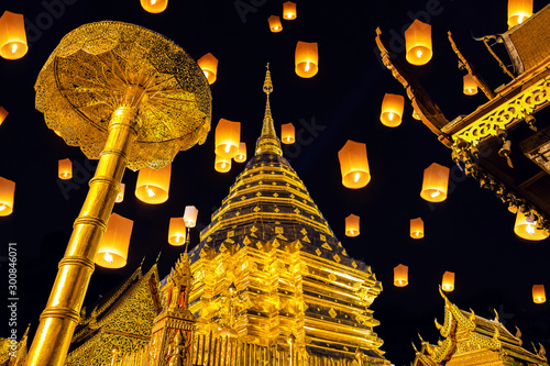 Yee peng festival and sky lanterns at Wat Phra That Doi Suthep in Chiang Mai, Thailand.