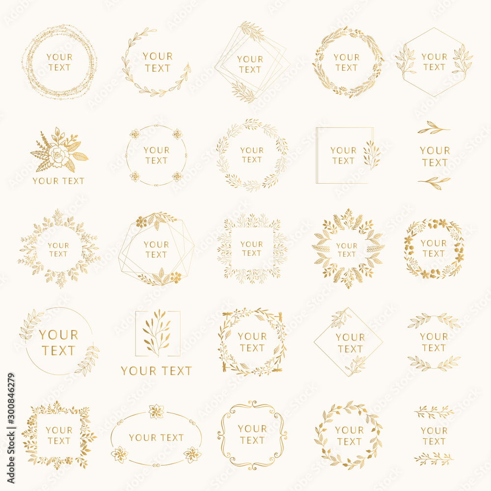Collection of golden wedding branding with floral elements. Wreaths and frames for feminine design. Vector isolated.