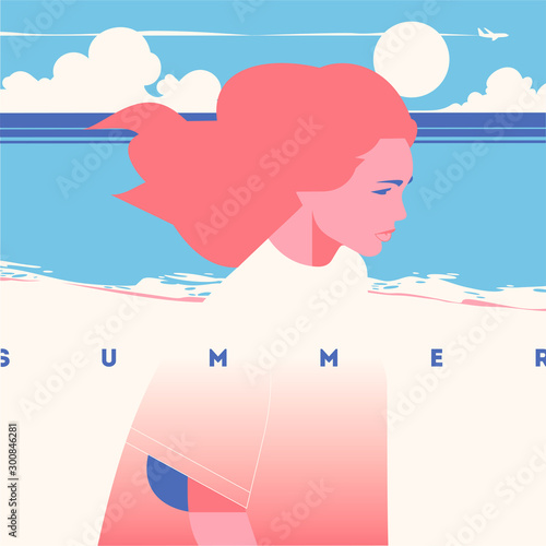 Summer Holiday and Summer Camp poster. Sea sunset, girl walking on beach. (ID: 300846281)