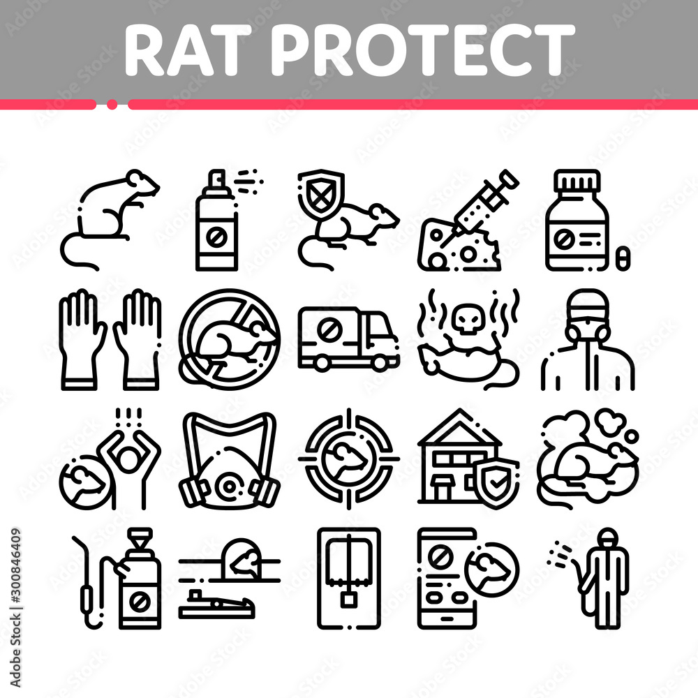 Rat Protect Collection Elements Icons Set Vector Thin Line. Rat Control Service, Human Silhouette And Protective Mask, Gloves And Spray Concept Linear Pictograms. Monochrome Contour Illustrations