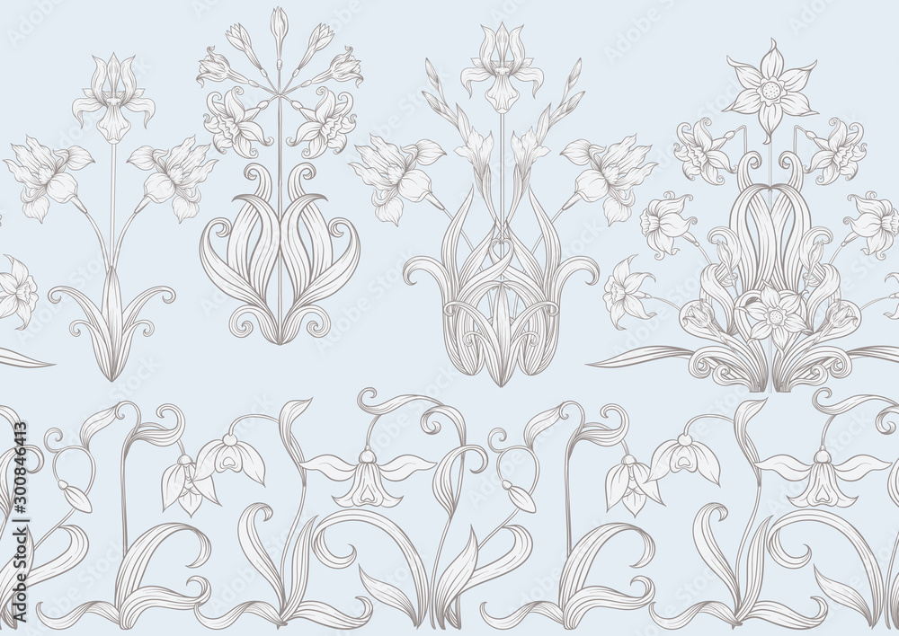 Spring flowers. Narcissus, Iris flower, lily of the valley, may-lily, Seamless pattern, background. In vintage beige colors.. Vector illustration. In art nouveau style, vintage, old, retro style