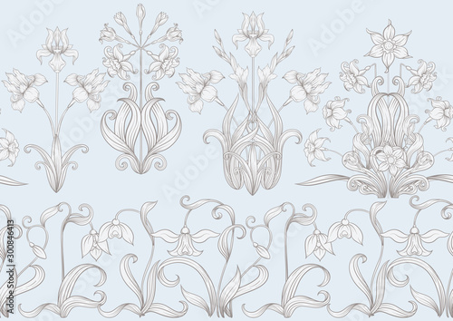 Spring flowers. Narcissus, Iris flower, lily of the valley, may-lily, Seamless pattern, background. In vintage beige colors.. Vector illustration. In art nouveau style, vintage, old, retro style
