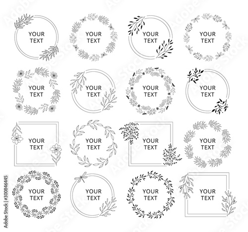 Wedding branding frames. Circle and squared elegant borders with floral elements. Vector isolated illustration.
