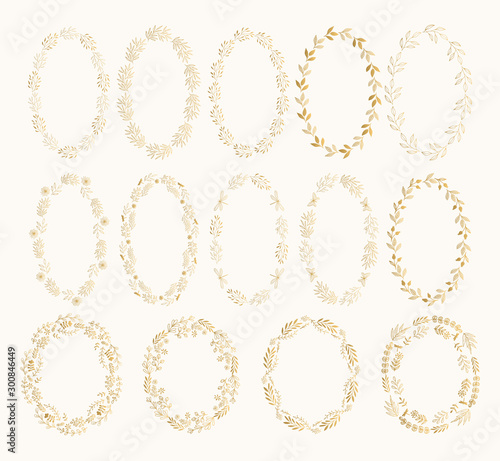 Set of golden oval wreaths. Gold foil floral motif. Ellipse frames for wedding design.