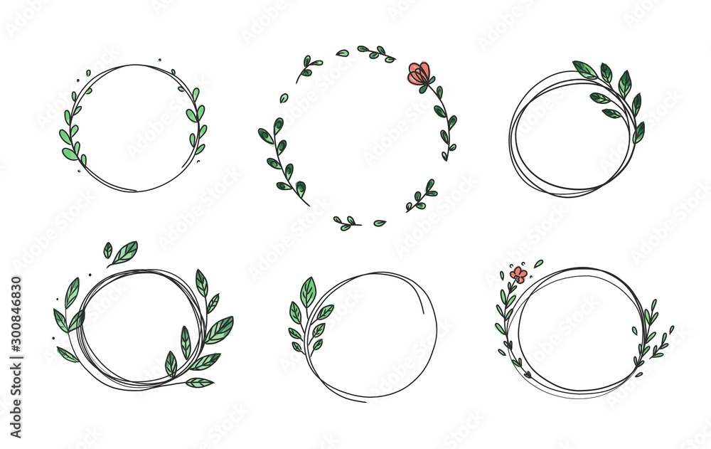 Naklejka Zestaw 6 kół ładny ręcznie rysowane ramki na białym tle. Doodle ręcznie rysowane dekoracyjne zarysowane wieńce z gałęzi, liści i kwiatów. Ilustracji wektorowych. Ramki koła