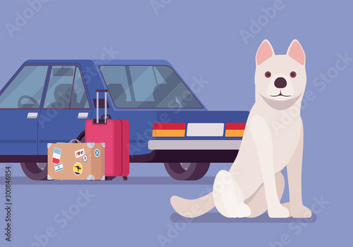 Car travel, road trip with pet dog. Cute puppy fears auto riding, owners moving and leaving lonely pet behind or in boarding kennel, going on vacation together. Vector flat style cartoon illustration