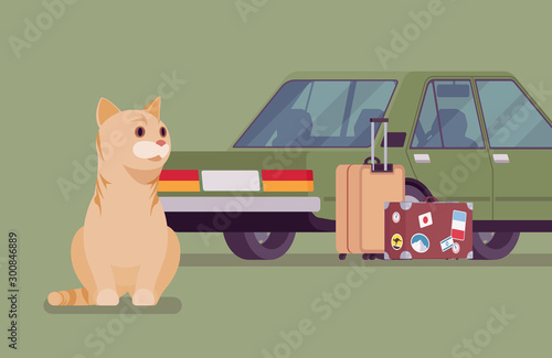 Car travel, road trip with pet cat. Cute kitten fears auto riding, owners moving and leaving lonely pet behind or in boarding kennel, going on vacation together. Vector flat style cartoon illustration