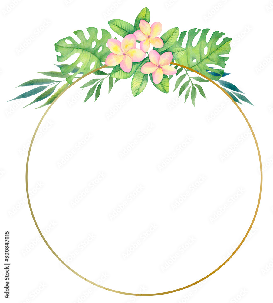 Obraz premium Golden round frame with tropical flowers and leaves. Watercolor illustration for invitations, holiday cards