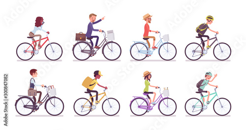 Cyclists and bicycles set. Male, female happy persons riding different cycles for sport, fun, work, business or recreation, use sharing system in public places. Vector flat style cartoon illustration