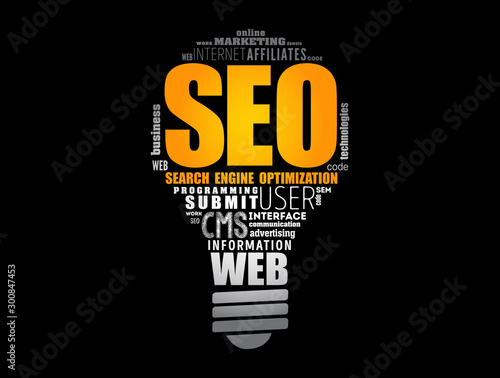 SEO (Search Engine Optimization) light bulb word cloud, business technology concept background