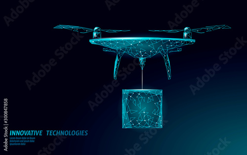 No drones city low poly banner template. Regulation of unmanned aerial vehicles sky delivery. Law ban aircraft privacy protection. Private zone information security. Polygonal vector illustration