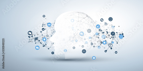 Machine Learning, Artificial Intelligence, Cloud Computing and Networks Design Concept with Human or Robot Face Silhouette, Icons and Polygonal Network Mesh