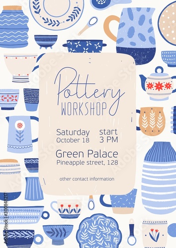 Pottery workshop poster vector template. Hand painted crockery. Clay utensil in rustic style. Traditional painting dishes master class. Workroom advertising flyer, leaflet design idea.