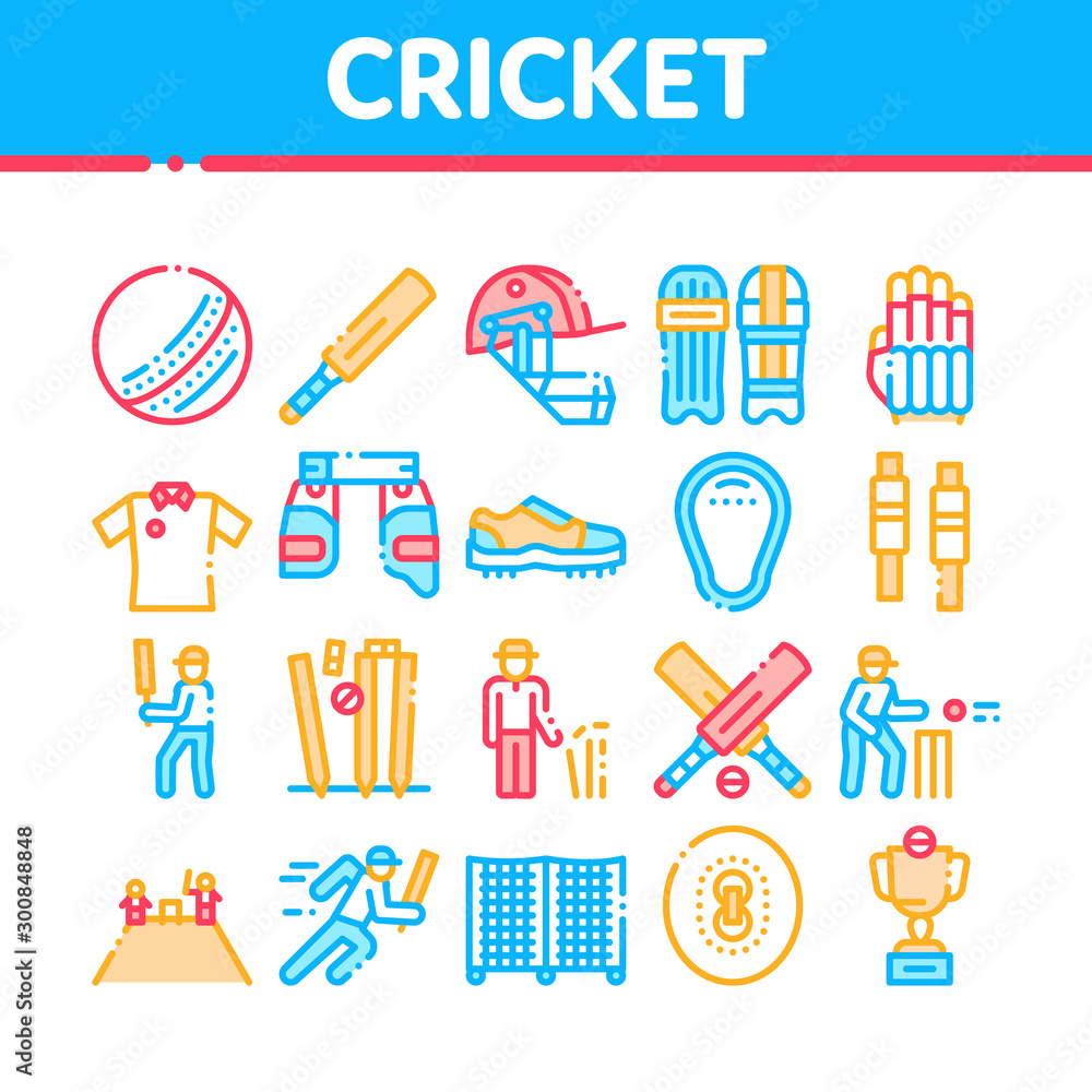 Cricket Game Collection Elements Icons Set Vector Thin Line. Cricket Ball And Bat, T-shirt And Spike Sneakers, Gaming Equipment And Cup Concept Linear Pictograms. Color Contour Illustrations Cricket Game Collection Elements Icons Set Vector Thin Line. Cricket Ball And Bat, T-shirt And Spike Sneakers, Gaming Equipment And Cup Concept Linear Pictograms. Color Contour Illustrations