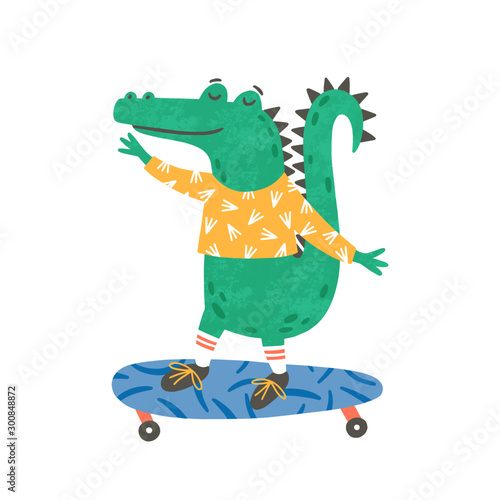 Skating little crocodile flat vector illustration