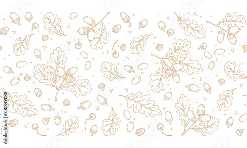 Vector seamless pattern, border with autumn oak leaves, acorns. Pattern in line art style.