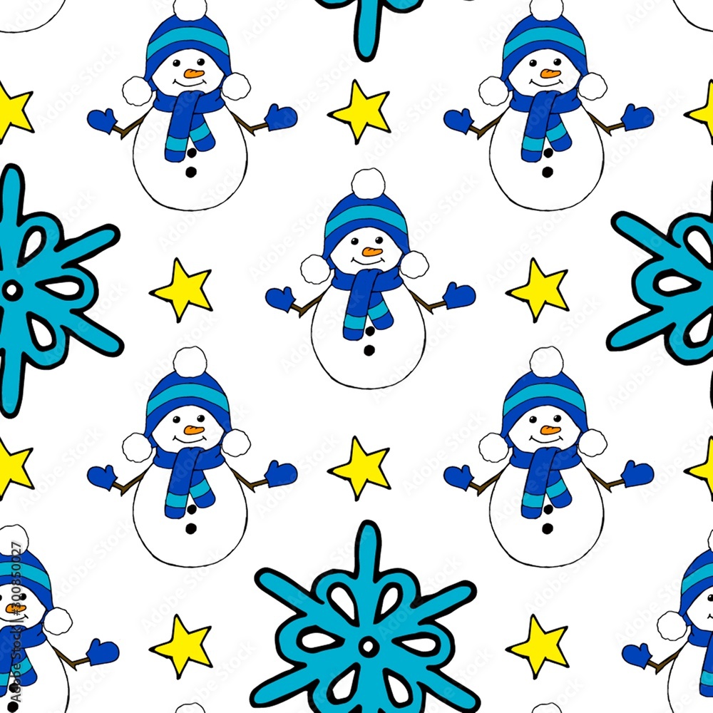 Fototapeta premium Christmas seamless pattern with snowman, fir trees and snowflakes. Perfect for wallpaper, wrapping paper, pattern fills, winter greetings, web page background
