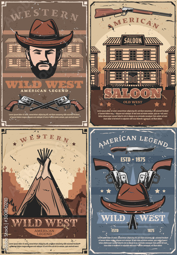 Western saloon, cowboy in hat and wigwam, guns