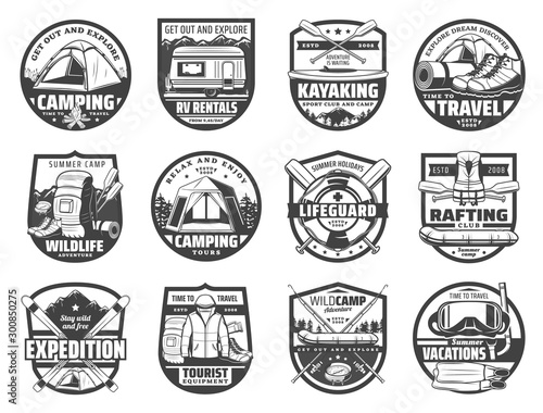 Sport adventure, travel equipment isolated icons
