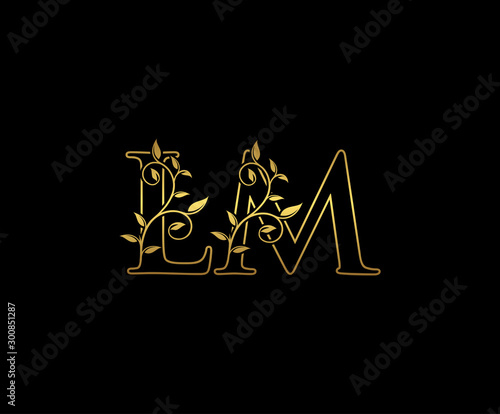 Golden letter L and M, LM vintage decorative ornament emblem badge, overlapping monogram logo, elegant luxury gold color on black background.