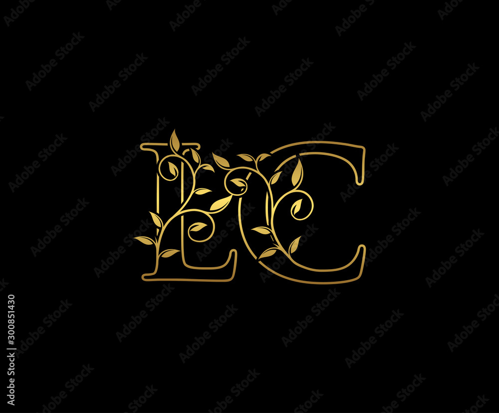 Golden letter L and C, LC vintage decorative ornament emblem badge, overlapping monogram logo, elegant luxury gold color on black background.