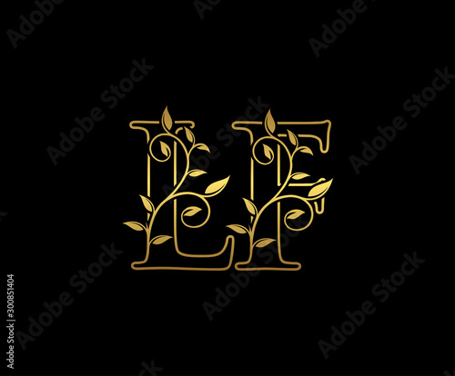 Golden letter L and F, LF vintage decorative ornament emblem badge, overlapping monogram logo, elegant luxury gold color on black background.