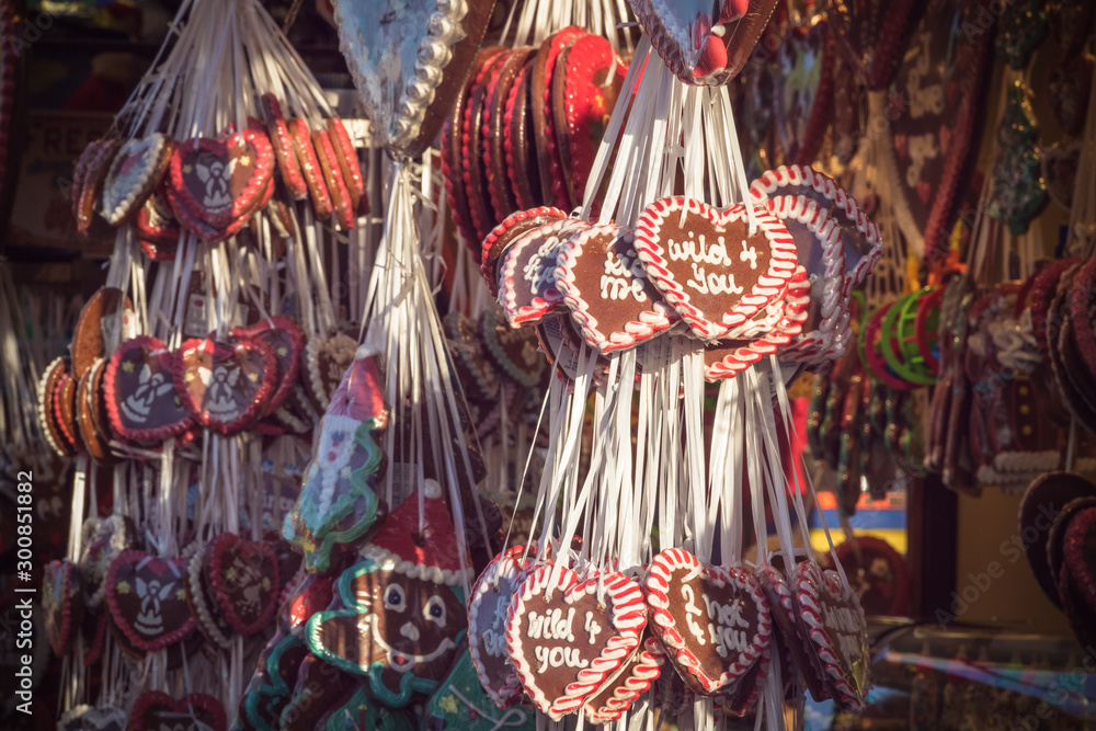 Gingerbread hearts on display at Christmas market winter wonderland in London