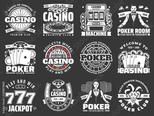 Poker club and casino, gambling game icons