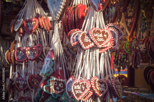 Gingerbread hearts on display at Christmas market winter wonderland in London