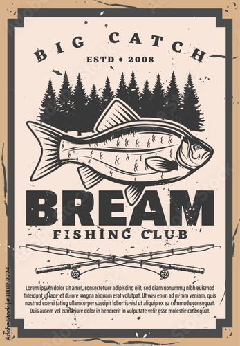 Retro fishing club, bream fish and rods tentacles