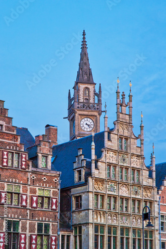 Clocktower and historic buildings in the old town of Gent, Belgium