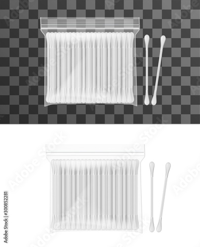 Realistic cotton ear swabs in package with stick