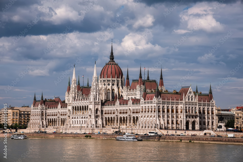 Budapest Parliament and Danube above Dramatic Sky