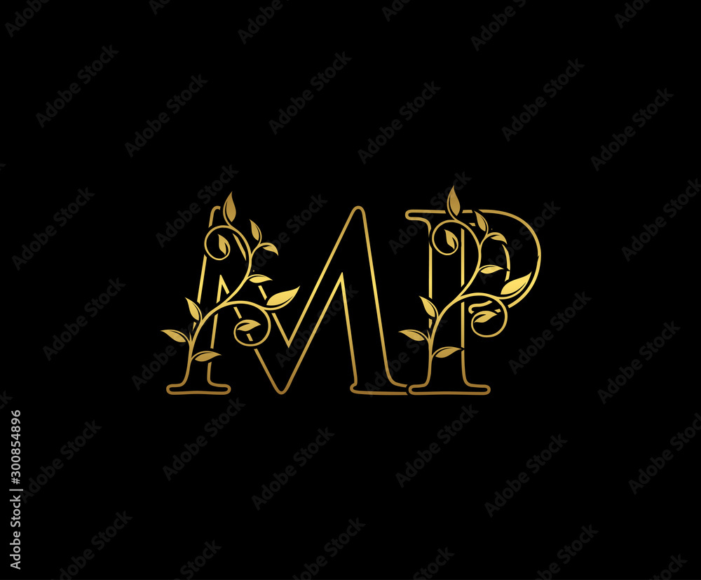 Golden letter M and P, MP vintage decorative ornament emblem badge, overlapping monogram logo, elegant luxury gold color on black background.