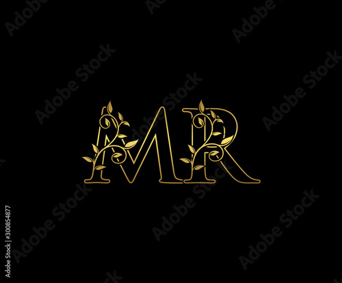 Golden letter M and R, MR vintage decorative ornament emblem badge, overlapping monogram logo, elegant luxury gold color on black background.