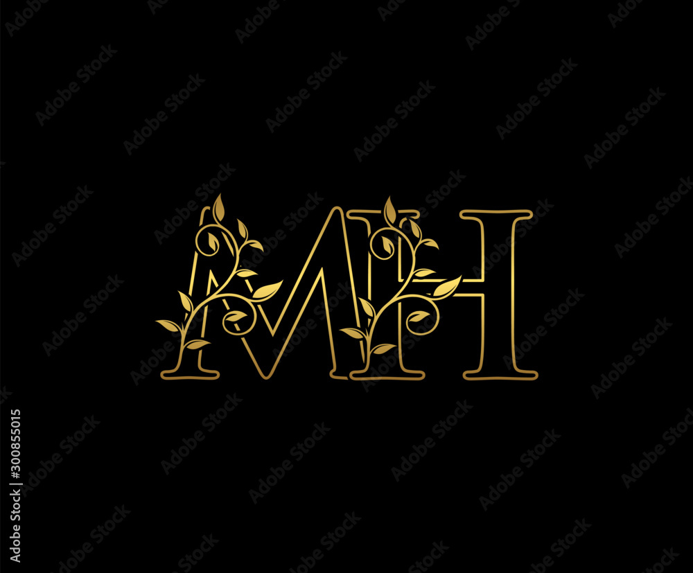 Golden letter M and H, MH vintage decorative ornament emblem badge ...