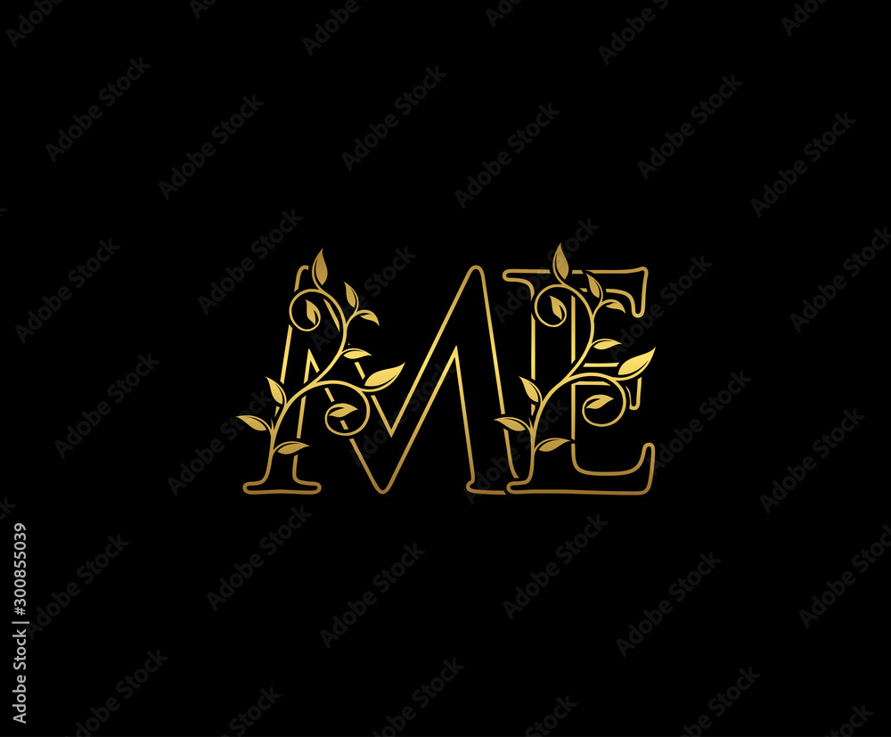 Golden letter M and E, ME vintage decorative ornament emblem badge, overlapping monogram logo, elegant luxury gold color on black background.