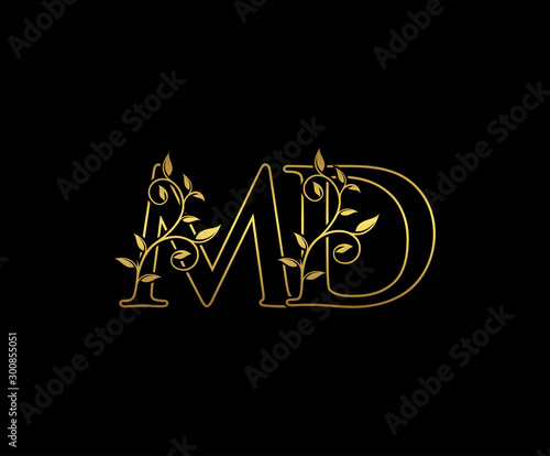 Golden letter M and D, MD vintage decorative ornament emblem badge, overlapping monogram logo, elegant luxury gold color on black background.