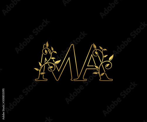 Golden letter M and A, MA vintage decorative ornament emblem badge, overlapping monogram logo, elegant luxury gold color on black background.