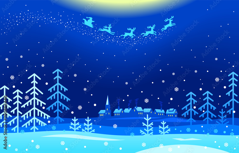An illustration of Santa Claus flying across a snowy landscape in the Christmas night