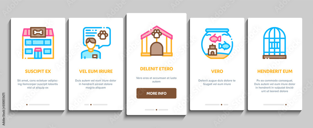 Pet Shop Onboarding Mobile App Page Screen Vector Thin Line. Shop Building And Aquarium, Bowl And Collar, Gaming Accessory And Medicaments Concept Linear Pictograms. Contour Illustrations