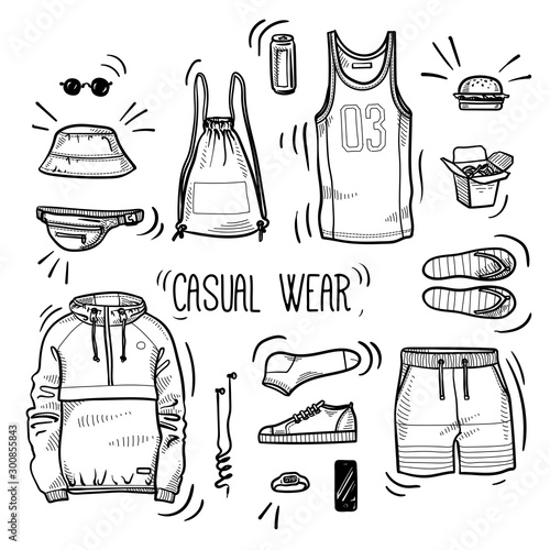 Hand drawn set of men's casual wear sketches: sport tank top, shorts, anorak jacket, shoes, socks, panama hat, backpack, watches, headphones and street food. Vector isolated outline