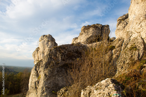 Jurassic Krakow-Czestochowa Upland. Rocky limestone massif mountain landscape on a sunny day.
