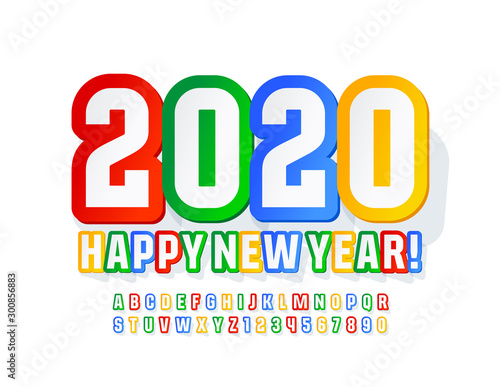 Vector colorful Greeting Card Happy New Year 2020. Bright Kids Font. Stylish Alphabet Letters and Symbols. 