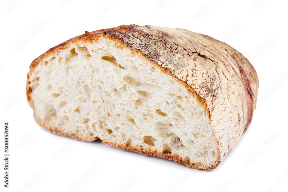 Cut homemade bread in three quarters isolated on white background