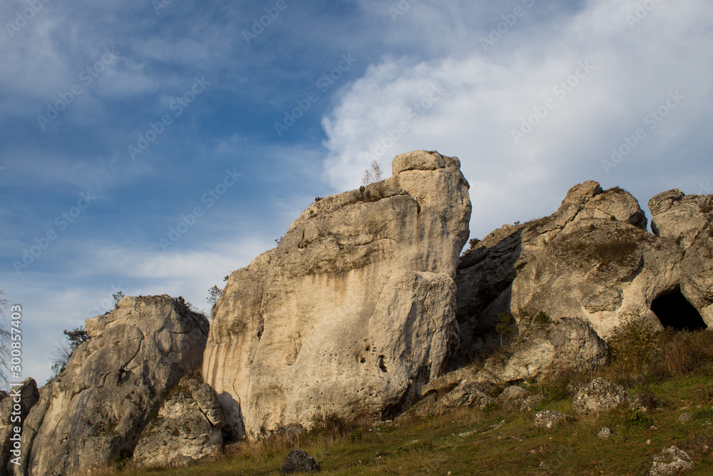 Jurassic Krakow-Czestochowa Upland. Rocky limestone massif mountain landscape on a sunny day. Jurassic Krakow-Czestochowa Upland. Rocky limestone massif mountain landscape on a sunny day.