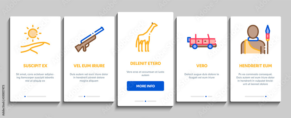 Fototapeta premium Safari Travel Onboarding Mobile App Page Screen Vector Thin Line. Animal And Africa, Car And Tree, Human Silhouette And Hat Safari Adventure Concept Linear Pictograms. Contour Illustrations